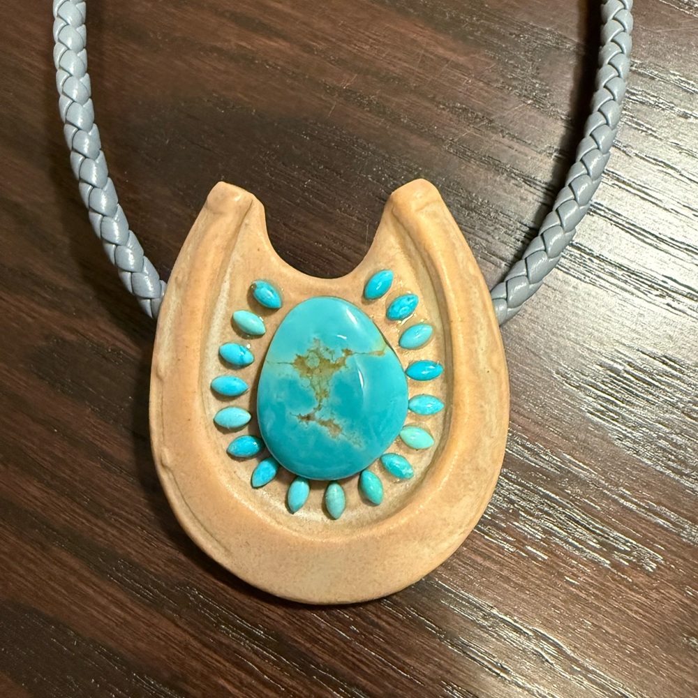 All the Clay Horses - Turquoise and Clay Horseshoe Necklace on leather cord